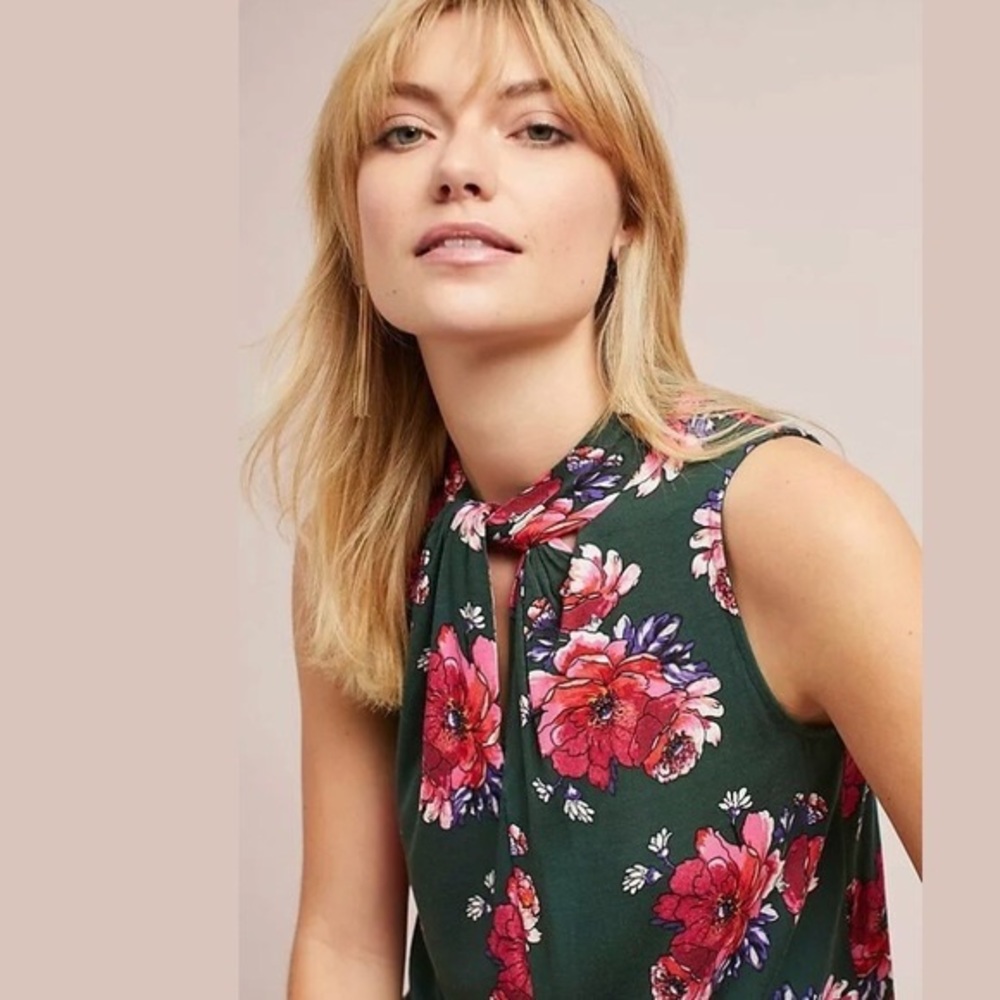 NWT Vanessa Virginia Anthropologie Green Pink Floral High Neck Tank Top Medium M